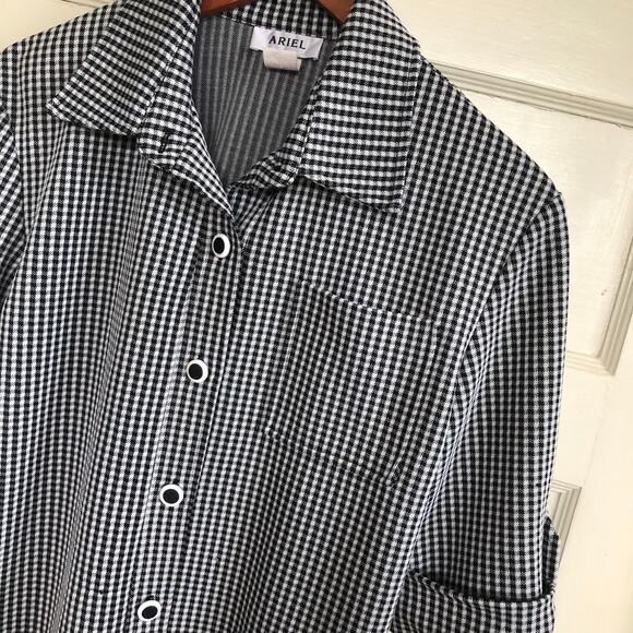 Ariel Tops - VTG 80s 90s Ariel Gingham Roll Tab Sleeve Camp Collar Blouse M USA‎ Roackabilly